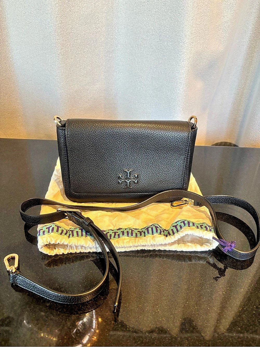 Authentic Tory Burch Thea Black Leather Flap Crossbody Shoulder Bag